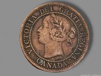 Obverse image of 1859 Canada one cent copper coin showing Queen Victoria's profile and inscription.