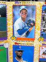Close up image of Ken Griffey Jr. featured prominently on the uncut sheet with colorful border and text.