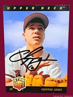 Front of 1992 Upper Deck Chipper Jones rookie baseball card showing player image and autograph.