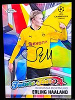 Front of the 2021 Topps Chrome Erling Haaland Future Stars autograph card showing holographic refractor and signature