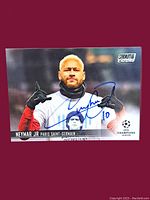 Front photo of the 2021 Topps Stadium Chrome soccer card featuring Neymar Jr. in Paris Saint-Germain attire with his autograph in blue ink.