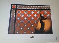 Frontal photo of the 'Broken Image' silkscreen print, showing the full artwork including geometric patterned background and nude female figure on the right, signed and numbered below.