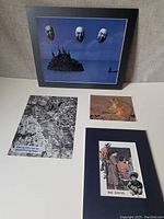 Photo of set of five collages showing all the pieces and the main visual elements, including large blue background with faces, prairie dog, border criticism, aerial view with message, and bird city grid.