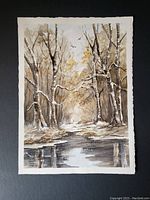 Full view of watercolor painting showing birch trees with yellowish fall leaves along a river with reflections in the water.