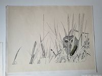 Image of the lithograph print showing the detailed drawing of the short-eared owl in grass with signature and numbering visible