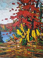 Close-up of painting showing red maple leaves, yellow foliage and blue lake in impasto