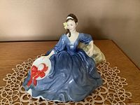 Porcelain figurine of 'Elyse' seated with full blue gown and white hat with red bow