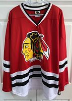 Full front view of red Chicago Blackhawks jersey with team logo and black and white stripes on sleeves and bottom hem