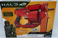 Boxed Halo Nerf Mangler foam dart blaster showing packaging with red blaster and visual branding.
