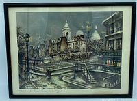 Framed vintage print showing Paris street scene with Sacre Coeur dome in background, some staining and dirt residue under glass visible.