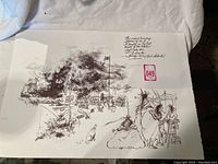 Full view of the sketched print depicting the moving ceremony at Fort Douglas with groups of figures, flags, and tents.