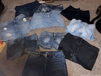 Overview of 11 jean shorts and skirts laid out on carpet in various washes and sizes.