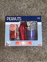 Front of the Peanuts glassware set box showing a window displaying two glasses with Charlie Brown and Snoopy artwork. Box shows the Peanuts logo, and specifies 16 oz capacity.