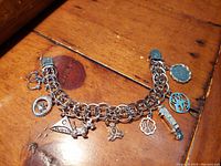 Photo of entire charm bracelet laid flat showing all charms and clasp on wooden surface.