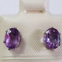 Front view of silver earrings featuring oval purple amethyst stones in prong settings mounted on a white display card.