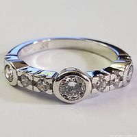 Front view of silver ring showing central bezel-set cubic zirconia and surrounding smaller stones.