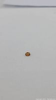 Close up photo of a small oval bright whiskey colored zircon gemstone placed on a white background.