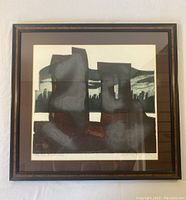 Photo showing framed lithograph titled 'Stonehenge Revisited' depicting abstract Stonehenge image.