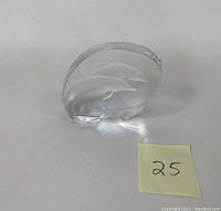 Clear glass sculpture depicting two dolphins within an oval shape, viewed slightly angled showing detail and light refraction.