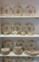Shelved arrangement of vintage Aberdeen China including cups, saucers, sugar bowl, various plates and bowls.