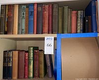 Two shelves of vintage hardcover books with assorted cloth-bound spines