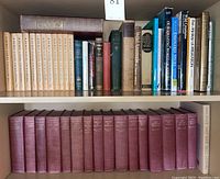 Two shelves filled with hardcover books including the Story of Civilization and Audubon Nature Encyclopedia sets as well as other reference books