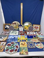 All decorative porcelain tiles and coasters displayed with a measuring ruler for size reference
