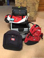 Photo of all four containers displayed with visible logos and colors: Tunipar backpack, Roots Canada Paralympic backpack, Living Edge soft container, and Olympic duffel bag