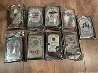Nine 80GB hard drives in anti-static bags arranged on a wooden floor, showing front labels and capacity marks.