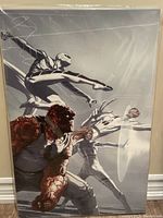 Full view of the Fantastic Four giclee print canvas art showing four characters in grayscale with red accent on The Thing.