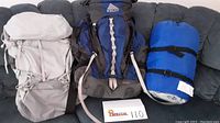 Full view of both hiking packs and sleeping bag arranged on couch.