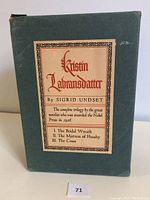 Front view of the slipcase with the Kristin Lavransdatter label by Sigrid Undset, showing book titles inside and condition of the slipcase.