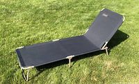 Full view of the Coleman cot lounger placed on grass in an upright backrest position.