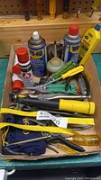 Top view of assortment including lubricant sprays (WD-40, Ronson butane fuel), oil can, ratchets, pliers, adjustable wrench.