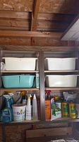 Shelf with various garden and household chemicals and storage bins