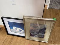 Two framed prints placed on the floor; the left one shows a polar bear in a snowy night scene, black frame, 20x17 inches; the right one shows an ocean storm in a silver frame with beige mat, 16x20 inches.