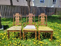 Three antique throne-style dining chairs placed outdoors on grass with yellow flowers, showing the front view with seat cushions.