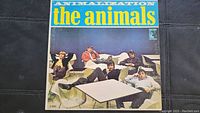 Front cover of Animalization album showing the band sitting around chairs and tables, on a blue background, with title text.