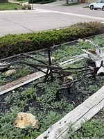 Full view of the antique metal plow placed outdoors among plants and wooden edging; rust and wear visible showing heavy use and weathering.