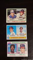Front view of three Nolan Ryan Strikeout Leaders baseball cards from 1977, 1978, and 1979 showing player photos and card titles.