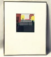 Framed modernist abstract painting with geometric color blocks including yellow, red, pink, green, gray, and black inside a thin silver metal frame and white matting.