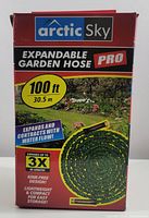 Full view of the product box front showing Arctic Sky branding and product info: expandable garden hose pro 100 ft, expands up to 3x in length, kink-free design, lightweight and compact for easy storage.