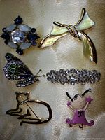 Photo showing six brooches including dragonfly with mother of pearl and diamond inlay, two butterfly brooches, a floral rhinestone cluster, black cat silhouette, and pink girl figure.