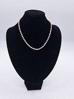 Full view of the pearl necklace displayed on a black bust stand showing its length and shape.