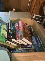 Photo showing a box of mixed genre books with visible titles and spines, focusing on overall collection and condition.