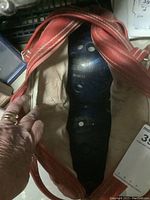 Photo showing inside of red bowling bag with one blue bowling ball visible with finger holes.