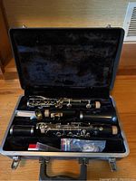 Clarinet dismantled in case showing two main sections and accessories including reed holder and mouthpiece cap inside the black velvety lining.