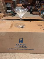 Lenox Firelight margarita glass shown standing on a box labeled Lenox Crystal.