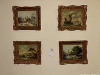 Four ornate framed landscape paintings hung on wall