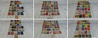 Overview photos showing multiple vintage matchbook covers and matchboxes arranged in rows displaying various designs and brands.
